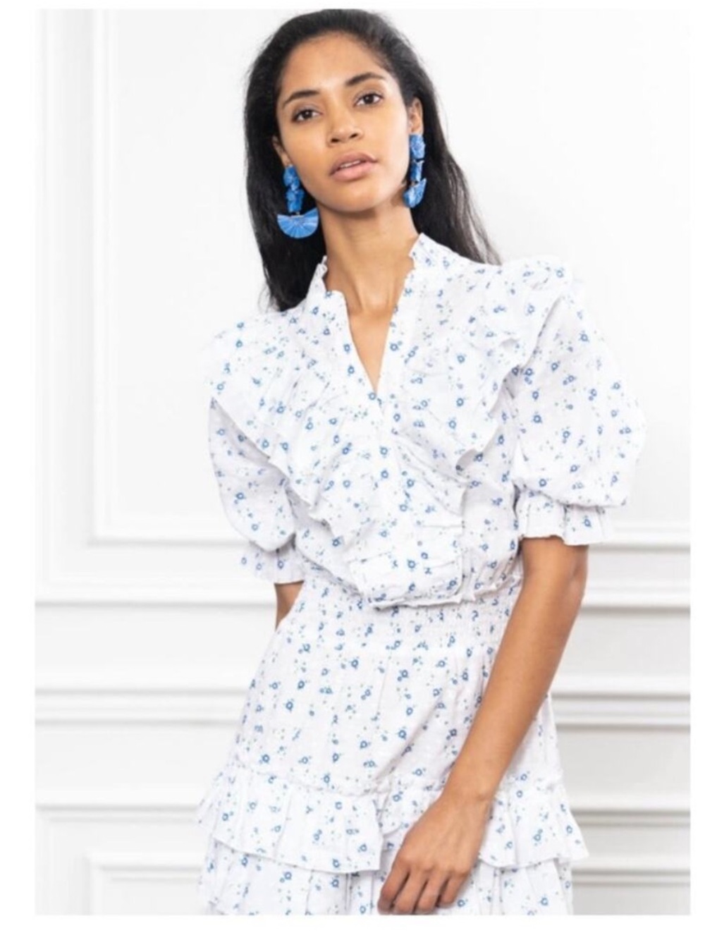 The Shirt by Rochelle Behrens White Floral Ruffle Mini Dress